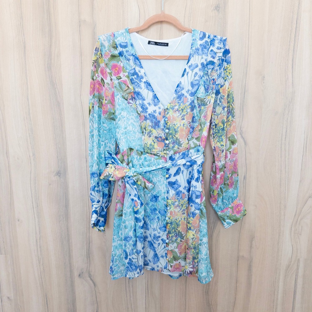 Zara Floral Patchwork Mini Dress S Long Sleeve Ruffle Tie Waist Cottage Romantic